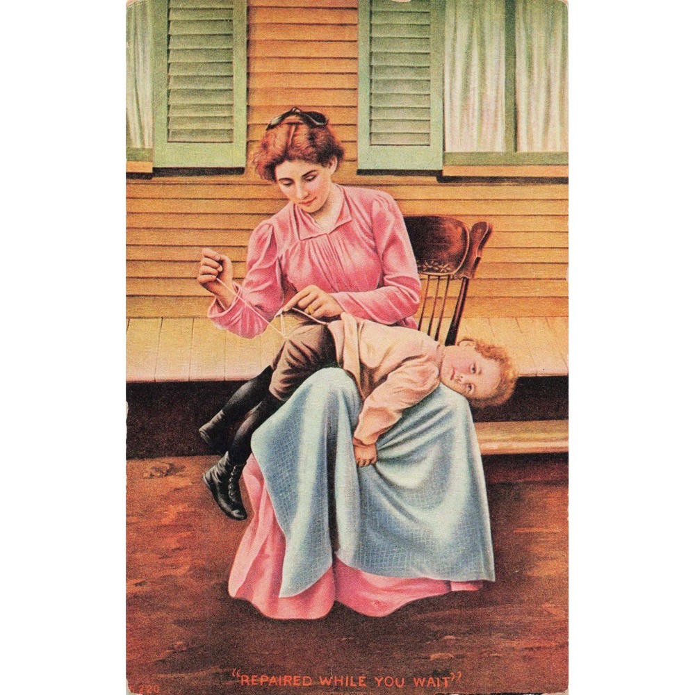 Vintage Postcard Repaired While You Wait Mother Sewing Child Humorous VG - Picture 1 of 2
